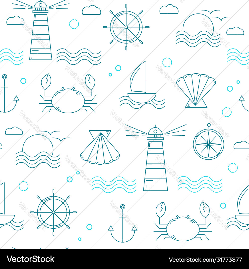 Nautical seamless pattern with thin line elements vector image