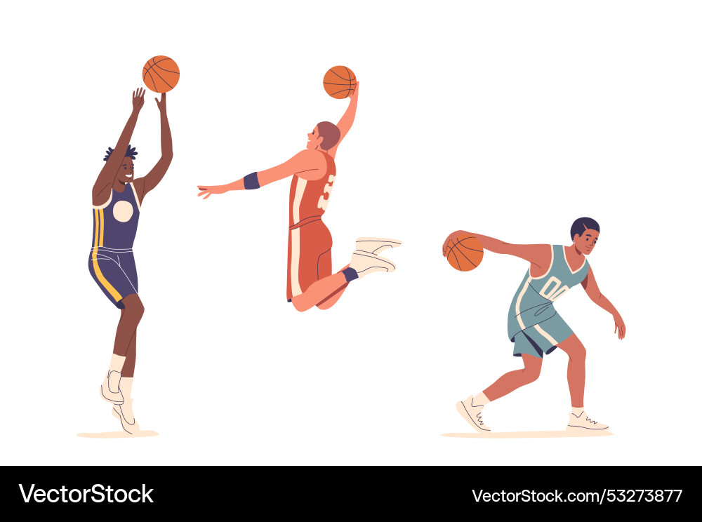 Three basketball players characters in dynamic Three basketball players characters in dynamic vector image