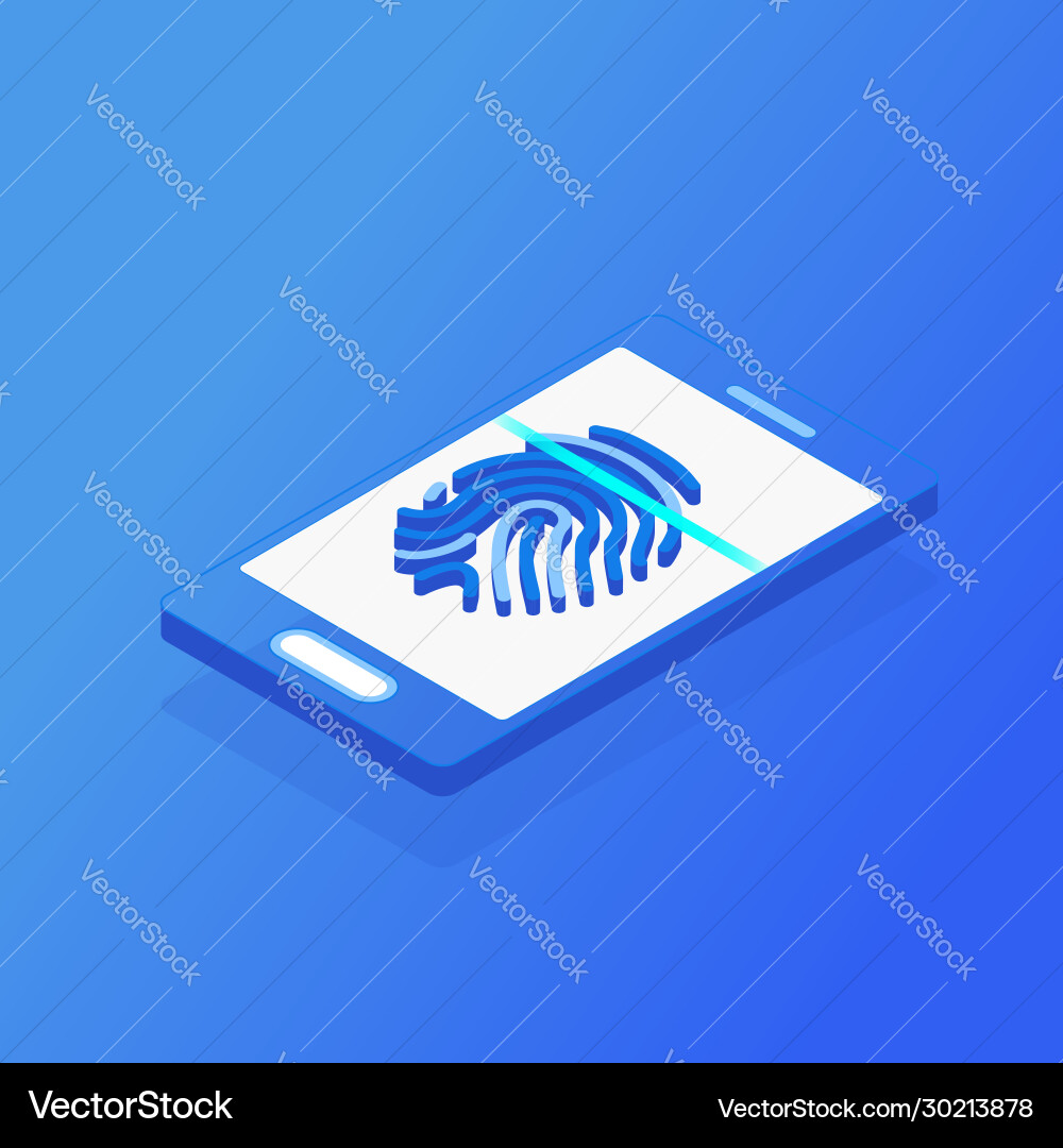 Isometric mobile smart phone and fingerprint scan Vector Image
