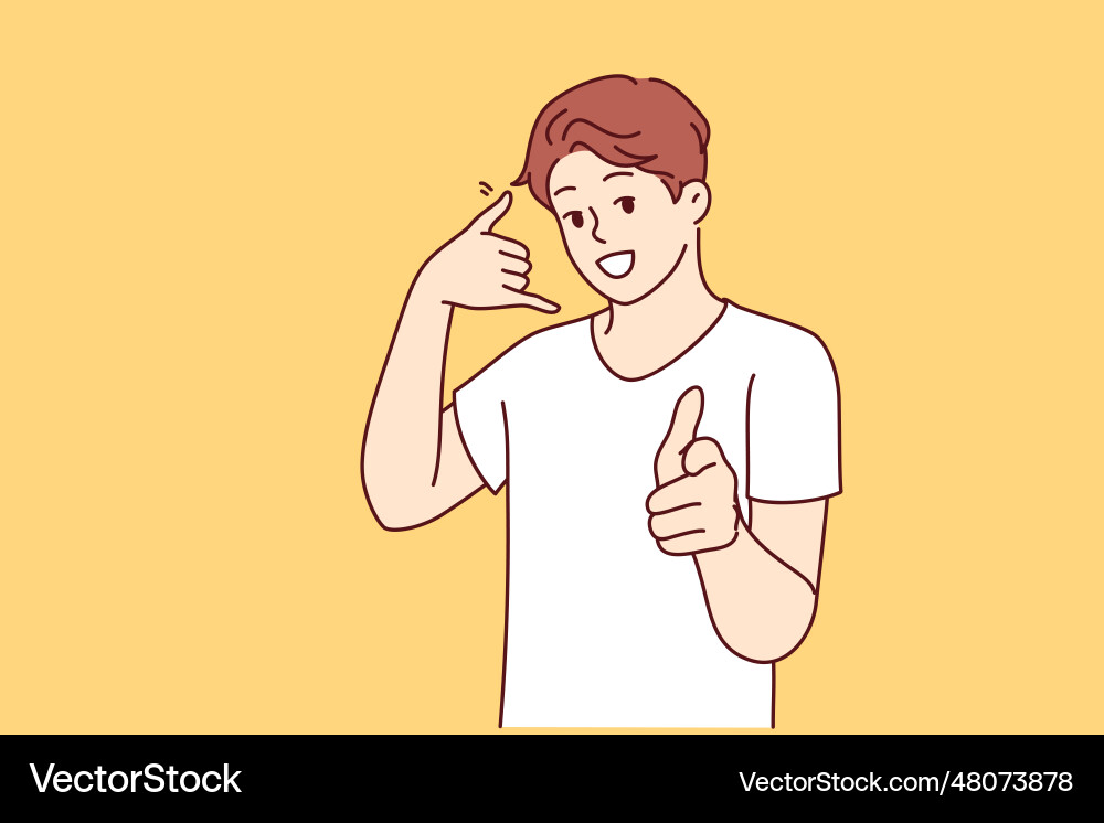 Man makes call me gesture and points finger vector image