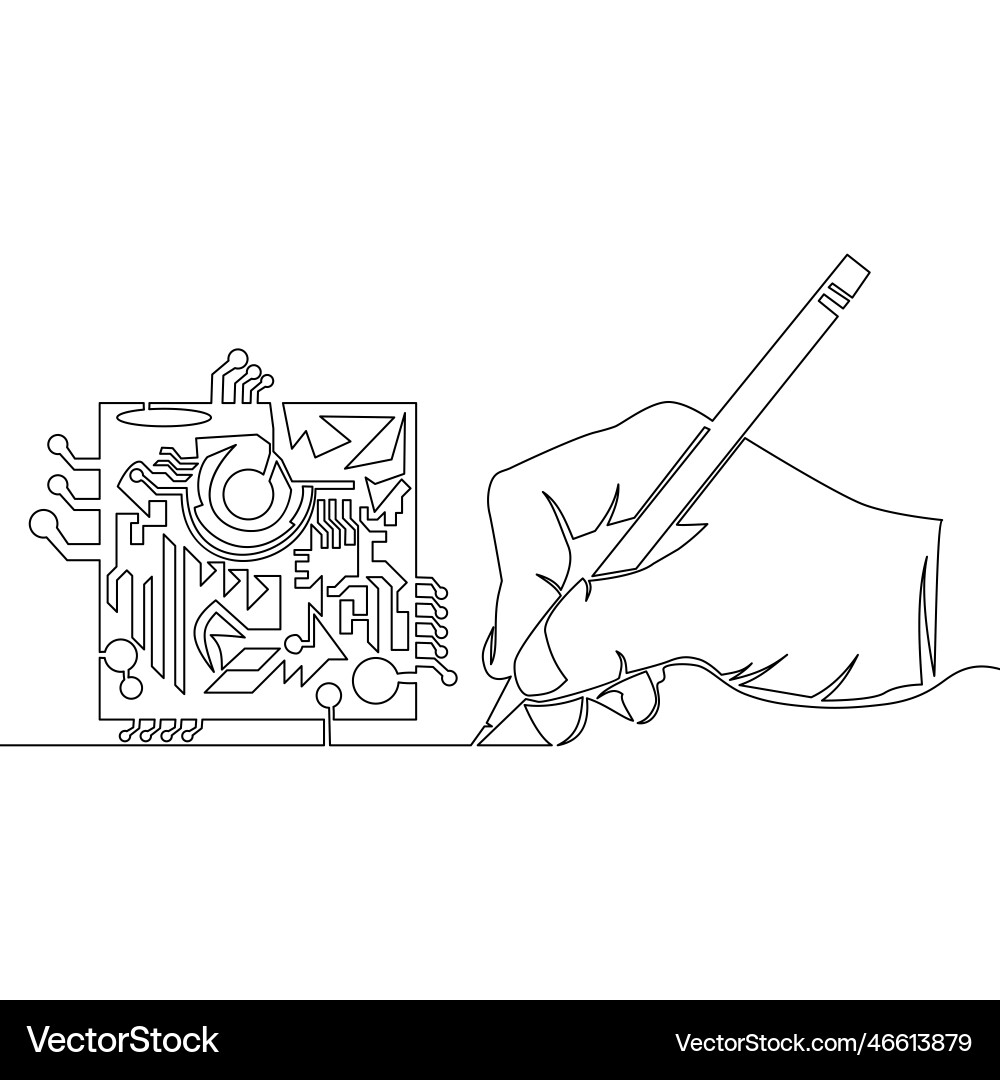Continuous line hand draws computer microchip cpu Continuous line hand draws computer microchip cpu vector image