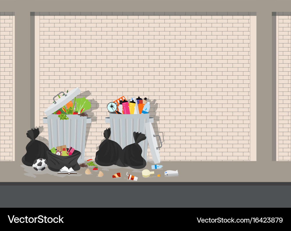 Garbage can full of overflowing trash on blick Vector Image