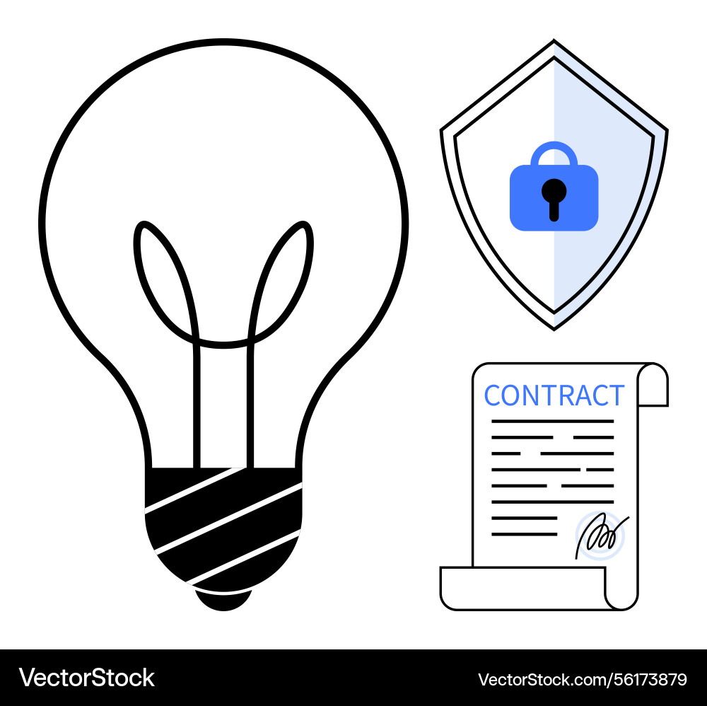 Lightbulb shield with lock and signed contract Lightbulb shield with lock and signed contract vector image