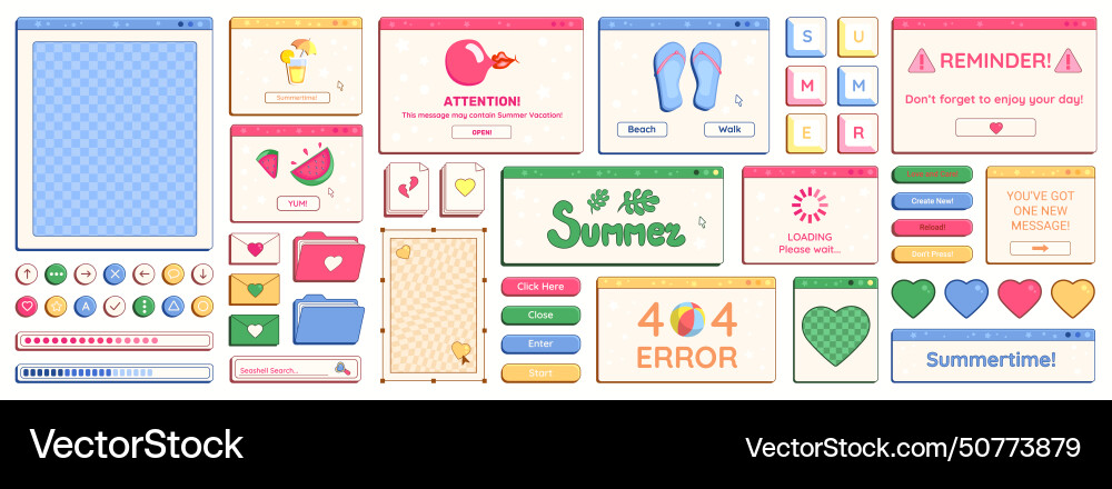 Set of y2k summer theme retro computer windows Set of y2k summer theme retro computer windows vector image