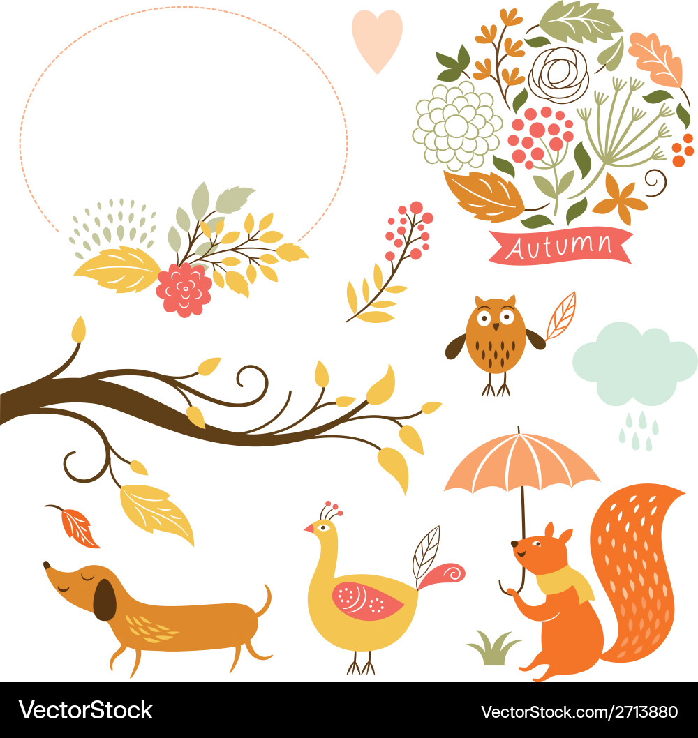 Autumn Cartoon Animals & Leaves vector image