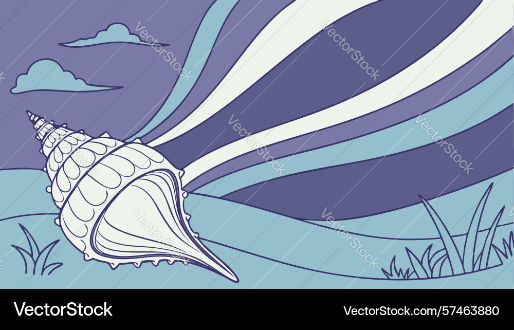 Conch shell with dynamic light rays in landscape vector image