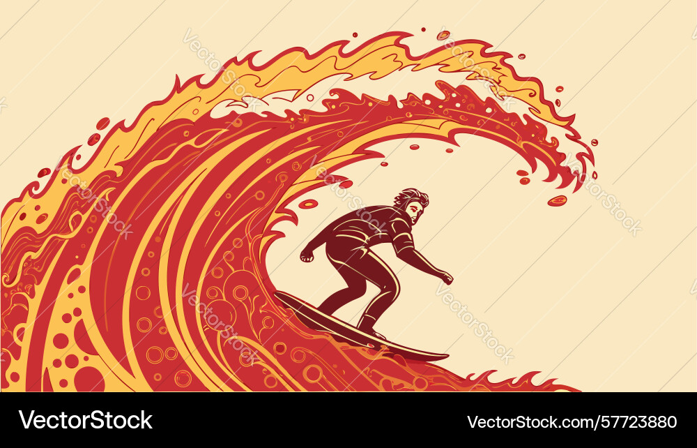 Dynamic surfer on fiery wave design generative ai Vector Image