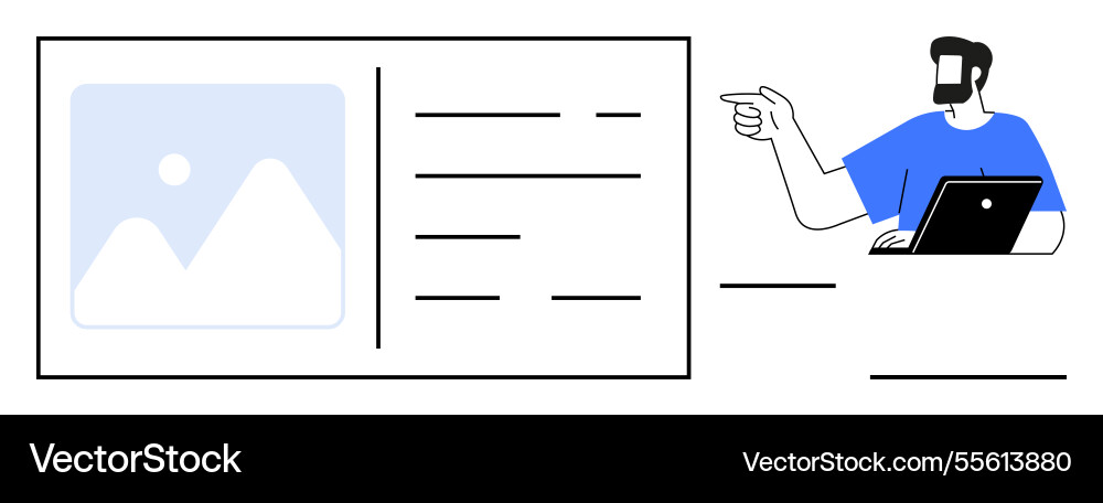 Man pointing at laptop screen and discussing data Man pointing at laptop screen and discussing data vector image