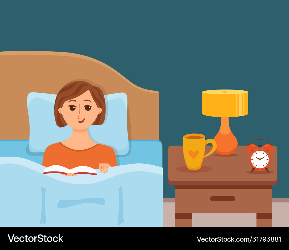 Girl lying on bed in home bedroom and reading Girl lying on bed in home bedroom and reading vector image