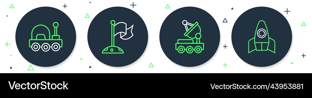 Set line moon with flag mars rover and rocket Set line moon with flag mars rover and rocket vector image