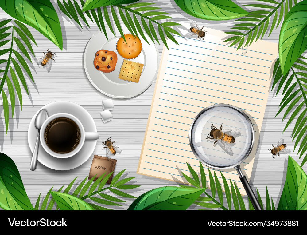 Top view wooden table with office objects Top view wooden table with office objects vector image