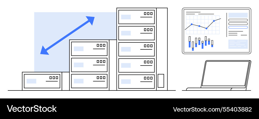Data center with server racks and analytical Data center with server racks and analytical vector image