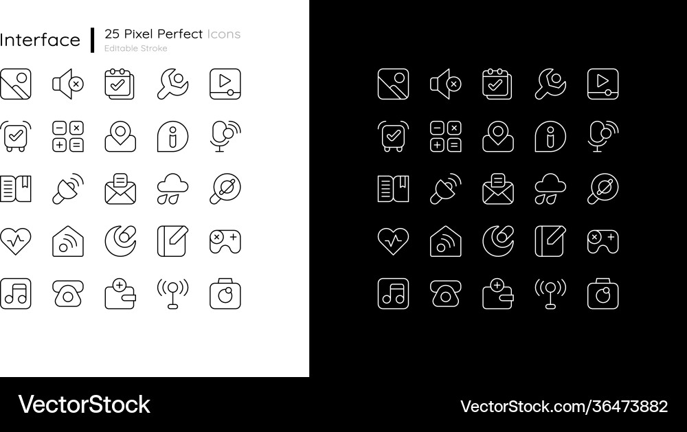 Interface pixel perfect linear icons set for dark Interface pixel perfect linear icons set for dark vector image