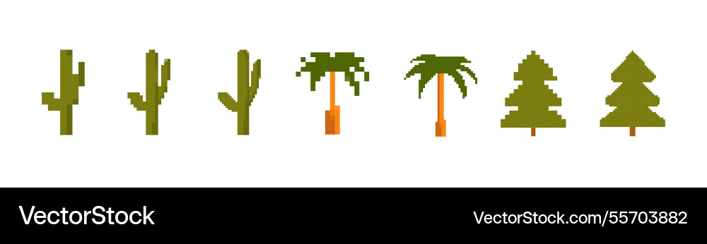 Pixel art collection of cacti and trees in simple vector image