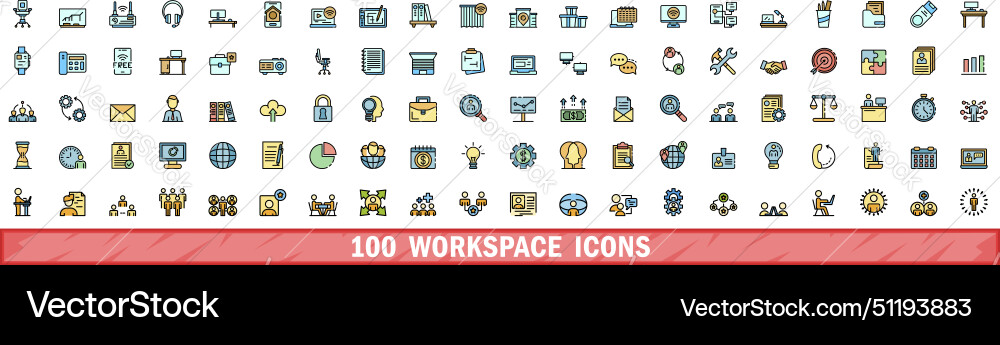 100 workspace icons set color line style 100 workspace icons set color line style vector image