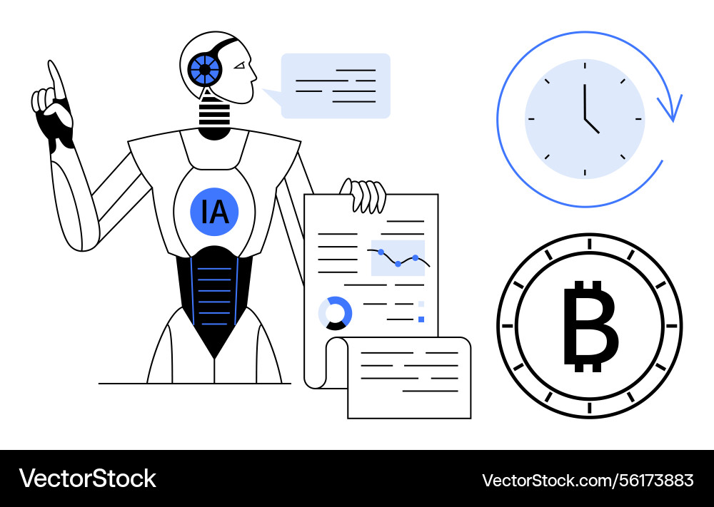 Ai robot presenting data analysis and bitcoin Ai robot presenting data analysis and bitcoin vector image