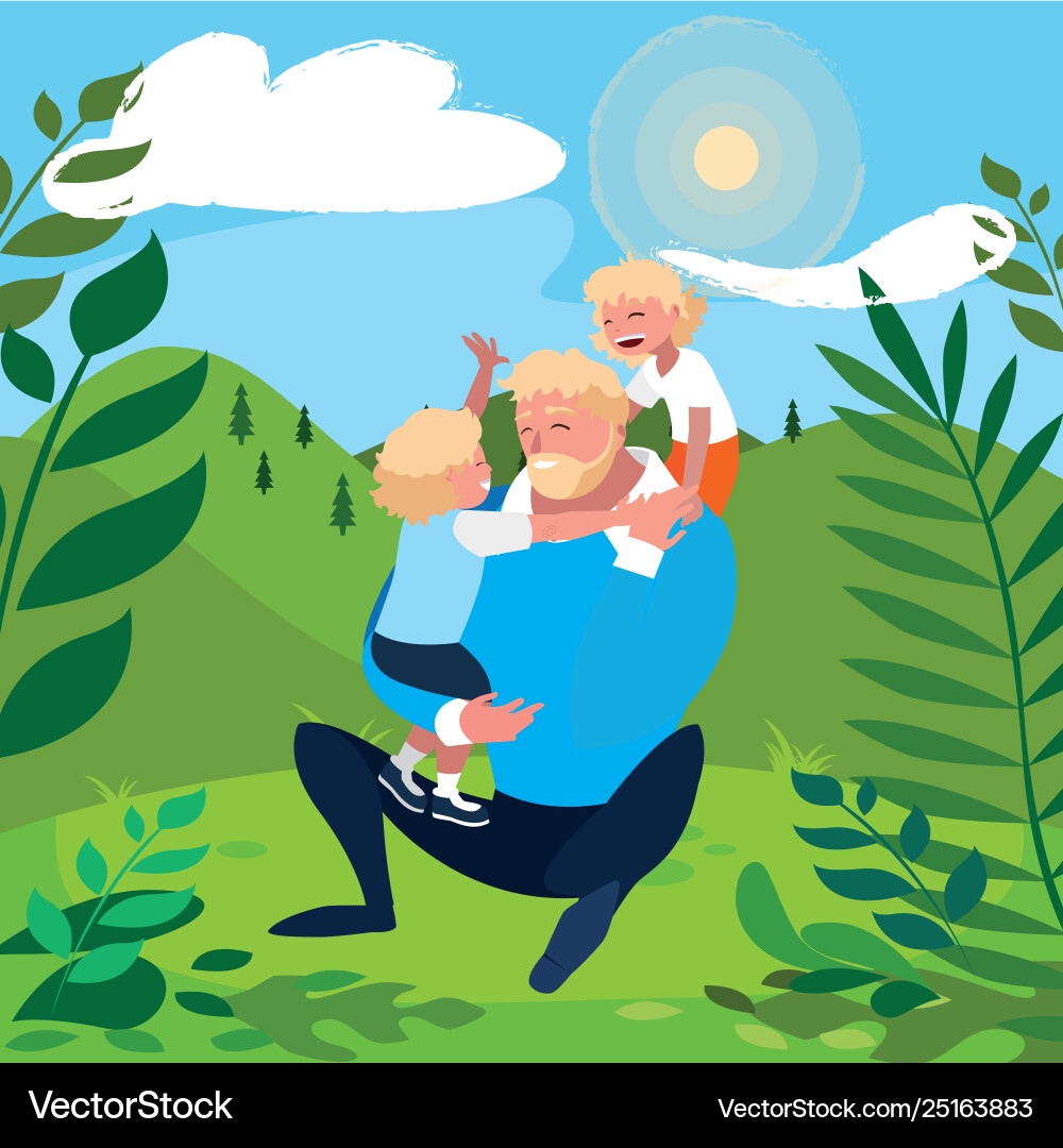 Father with sons characters in field Father with sons characters in field Vector Image