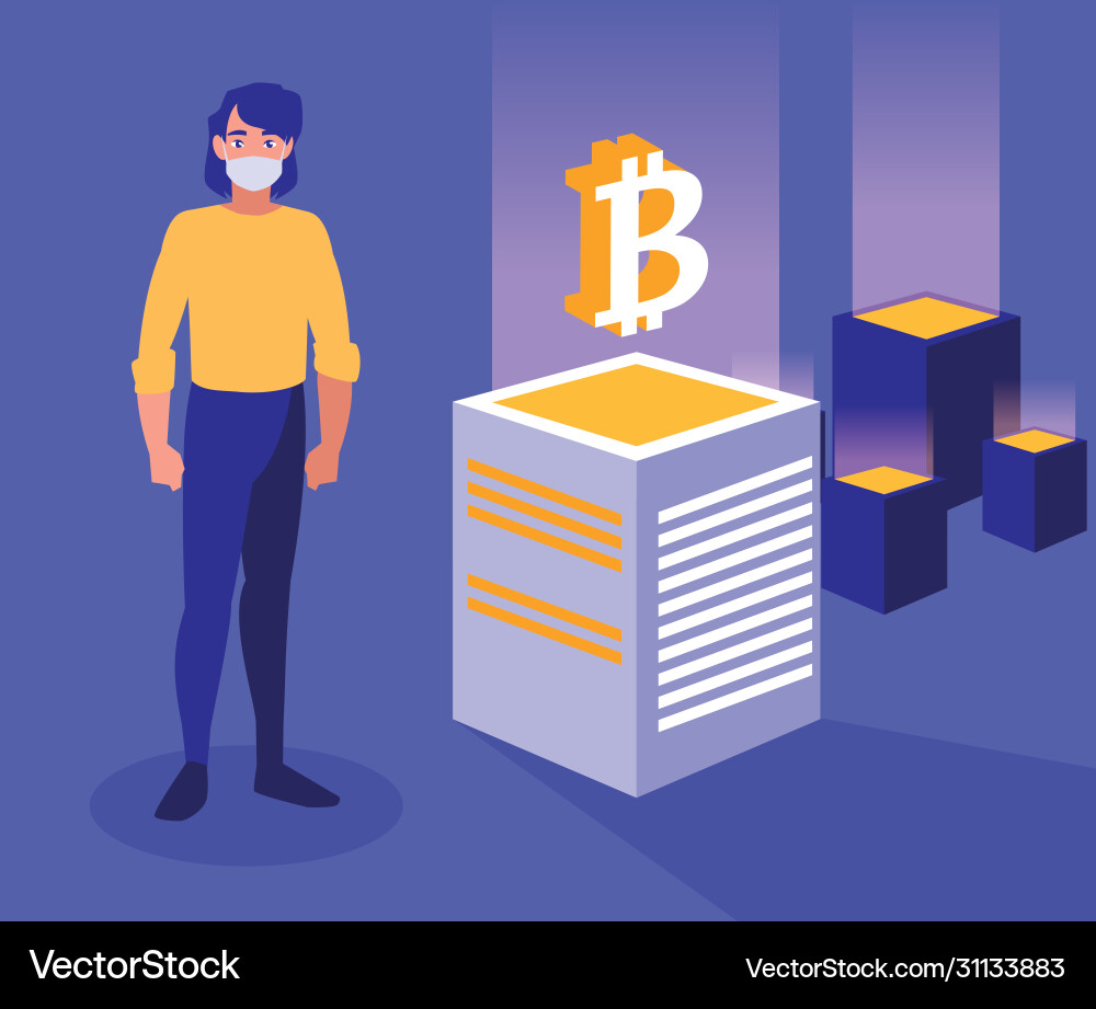 Man with mask and bitcoins boxes design vector image