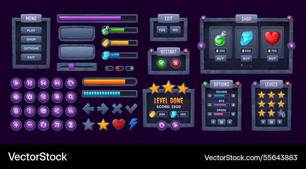 Stone Game Menu Buttons & Panels vector image