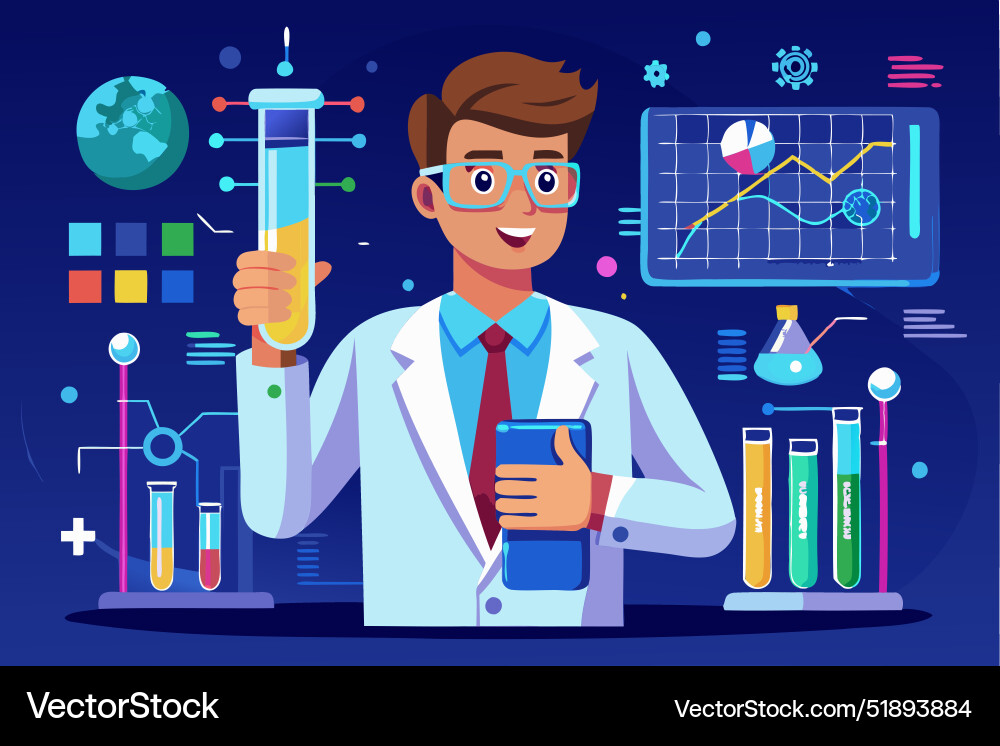 Data scientist with lab tube and analytics vector image