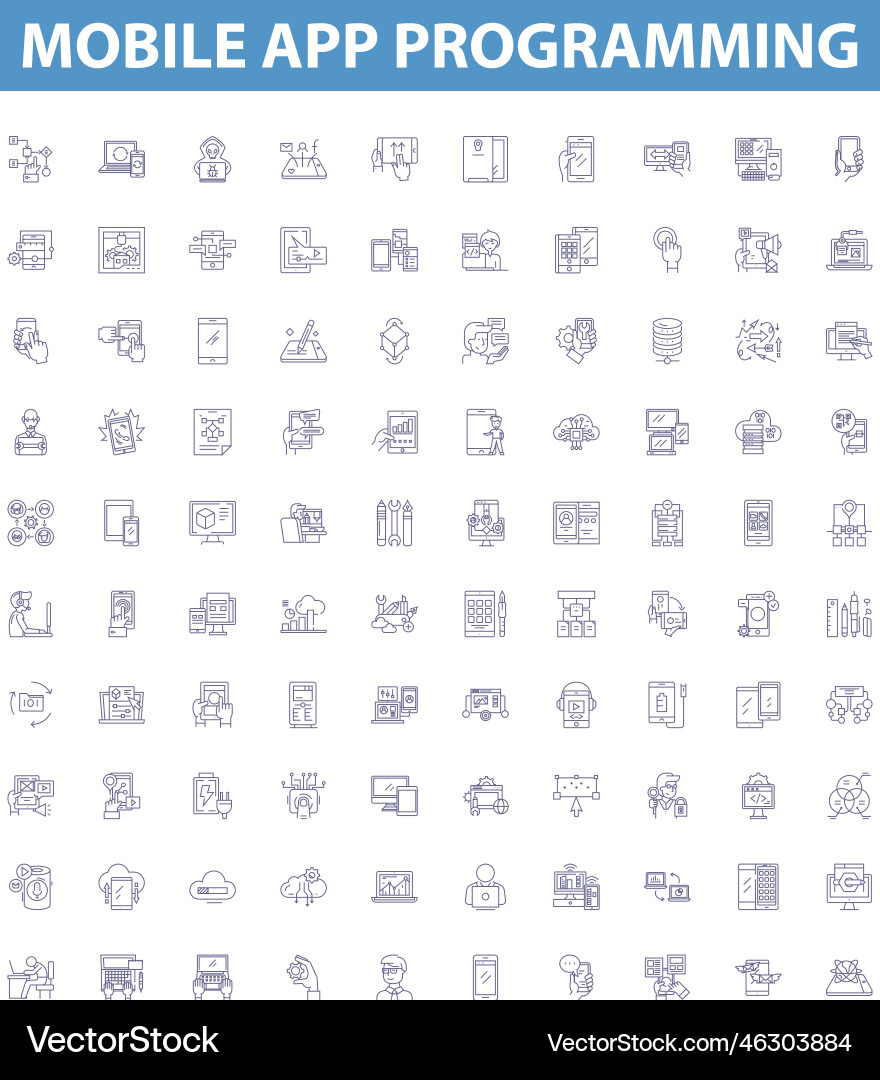 Mobile app programming line icons signs set vector image