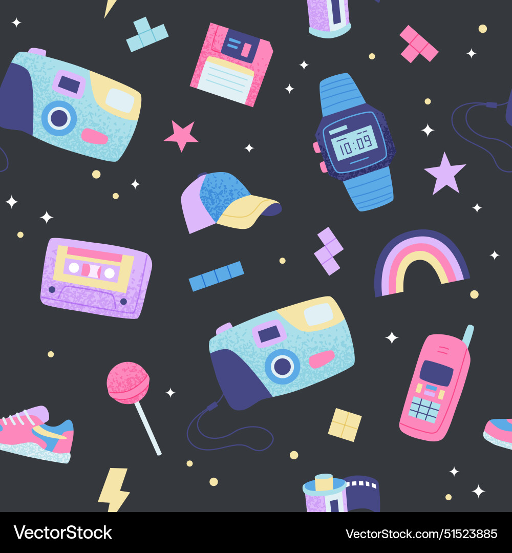 90s retro seamless pattern cute bright multicolor Vector Image