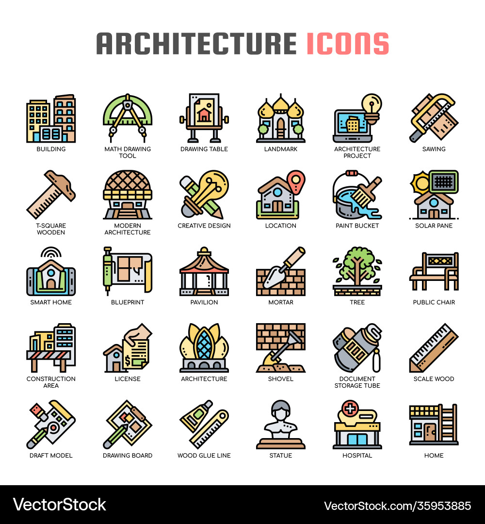 Architecture thin line and pixel perfect icons Vector Image