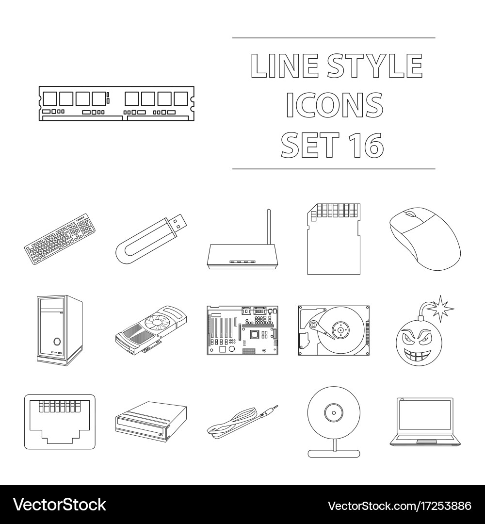 Personal computer set icons in outline style big Vector Image