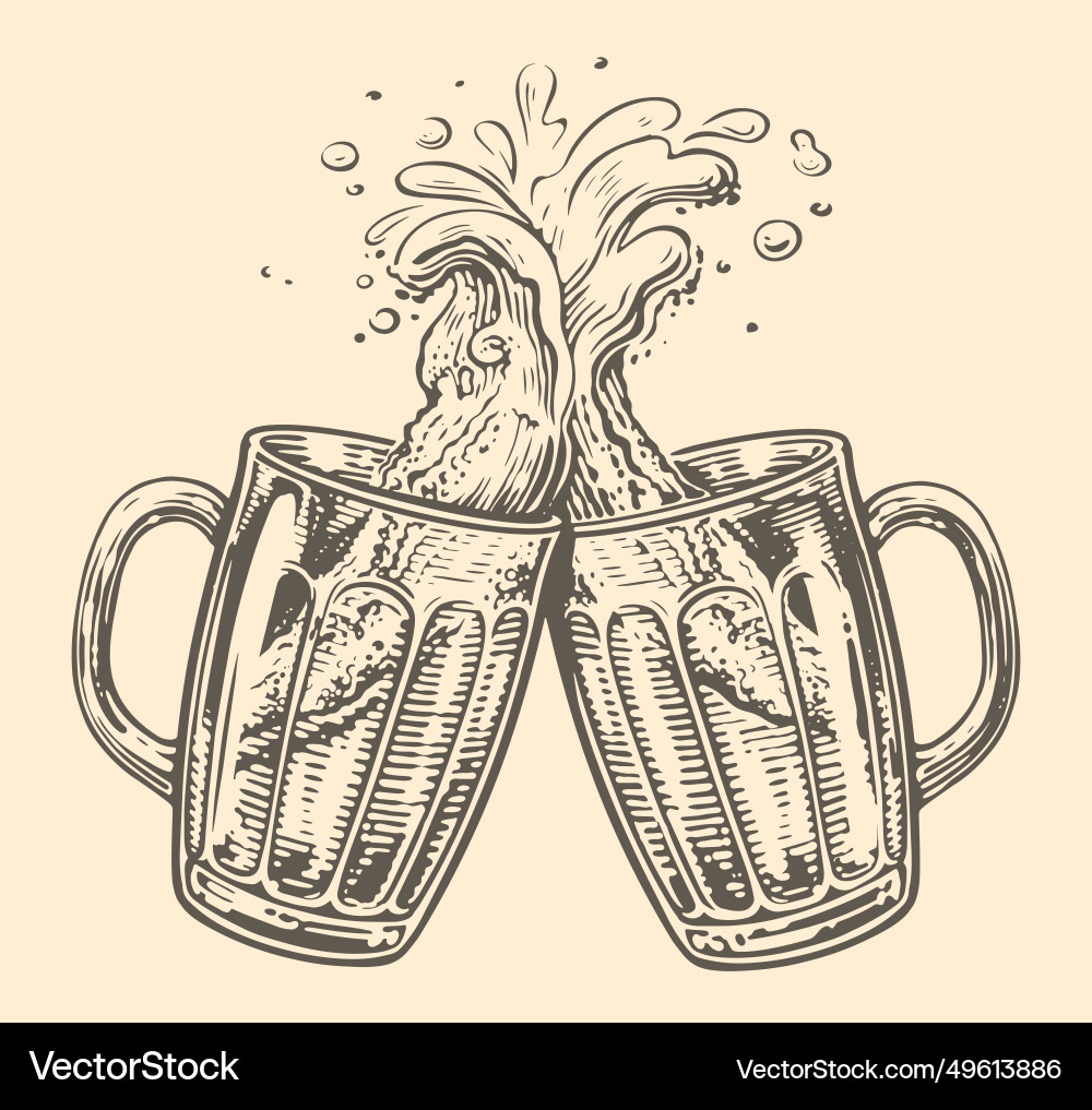 Two mugs of beer clink in a toast with splash Two mugs of beer clink in a toast with splash vector image