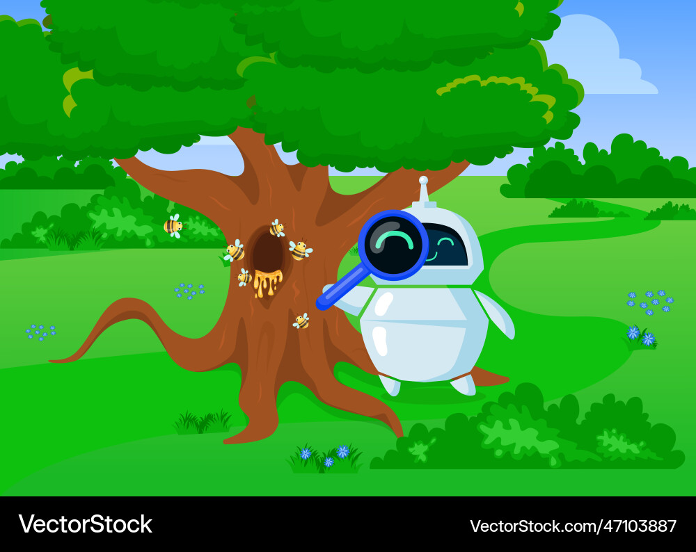 Cartoon niedlichen Chatbot erkunden die Natur mit loupe Cartoon niedlichen Chatbot erkunden die Natur mit loupe vektorbild