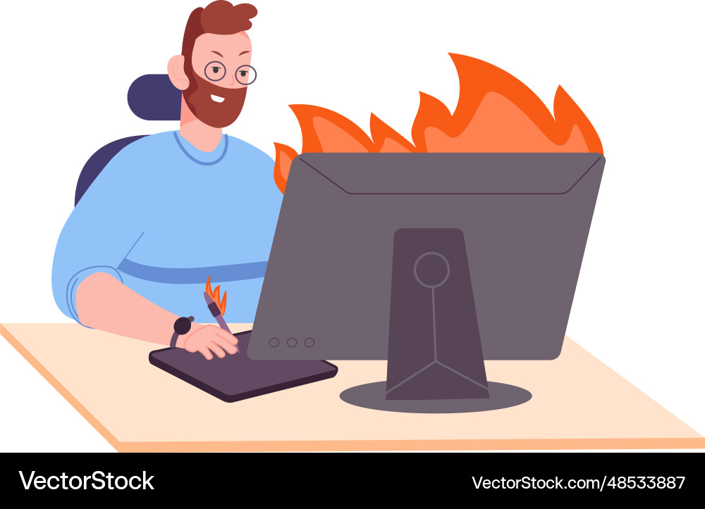 Deadline job man working on burning computer Deadline job man working on burning computer vector image
