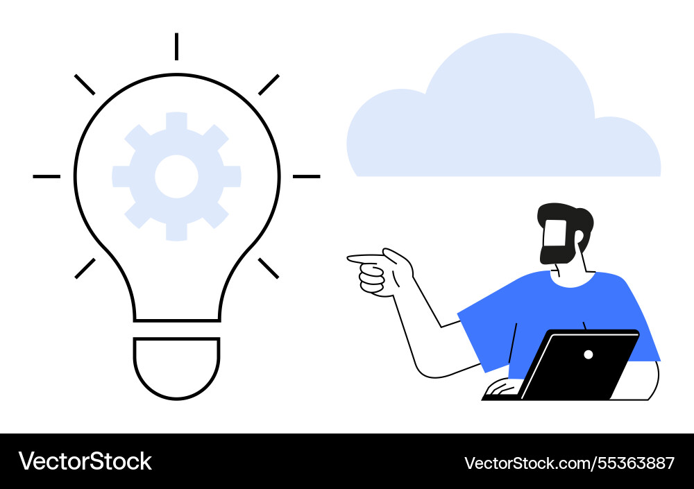 Man with laptop pointing at bright idea lightbulb Man with laptop pointing at bright idea lightbulb vector image