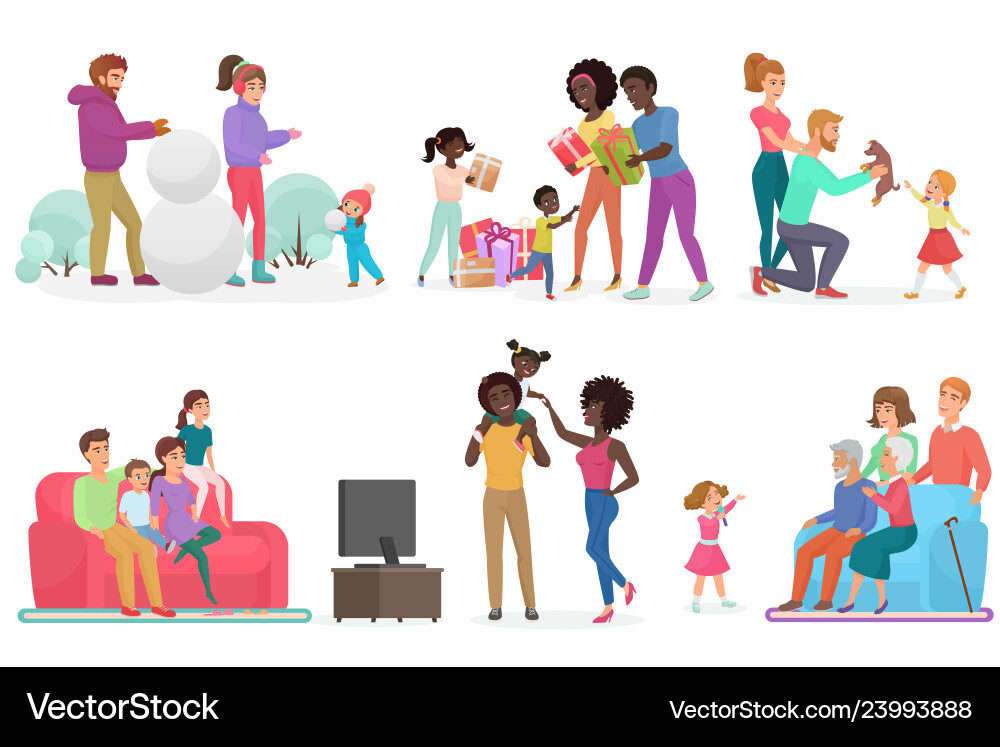 Cartoon Szenen des Familienlebens setzen Mutter Vater Cartoon Szenen des Familienlebens setzen Mutter Vater vektorbild