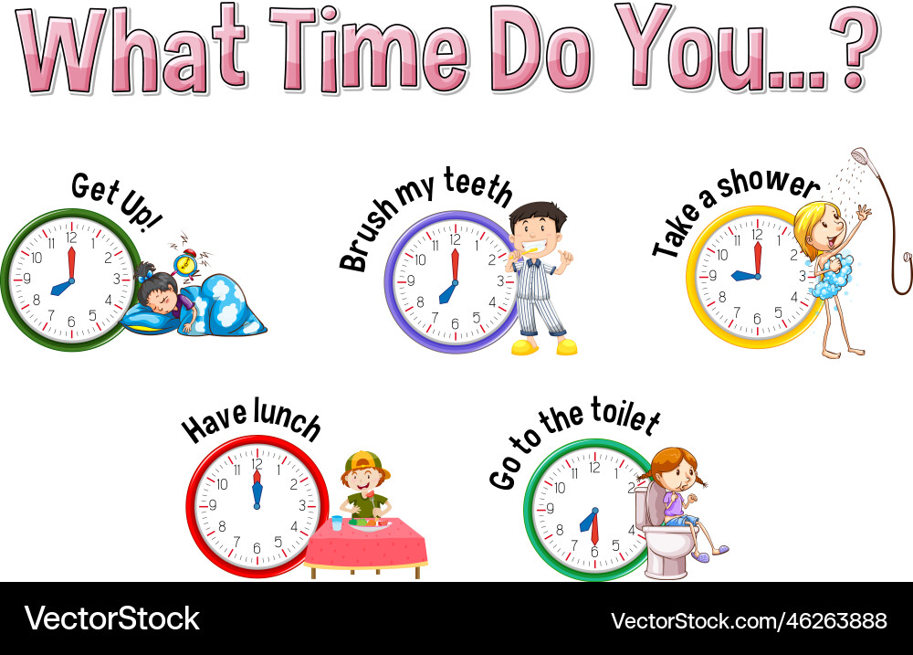 Daily routine with time and cartoon characters Vector Image