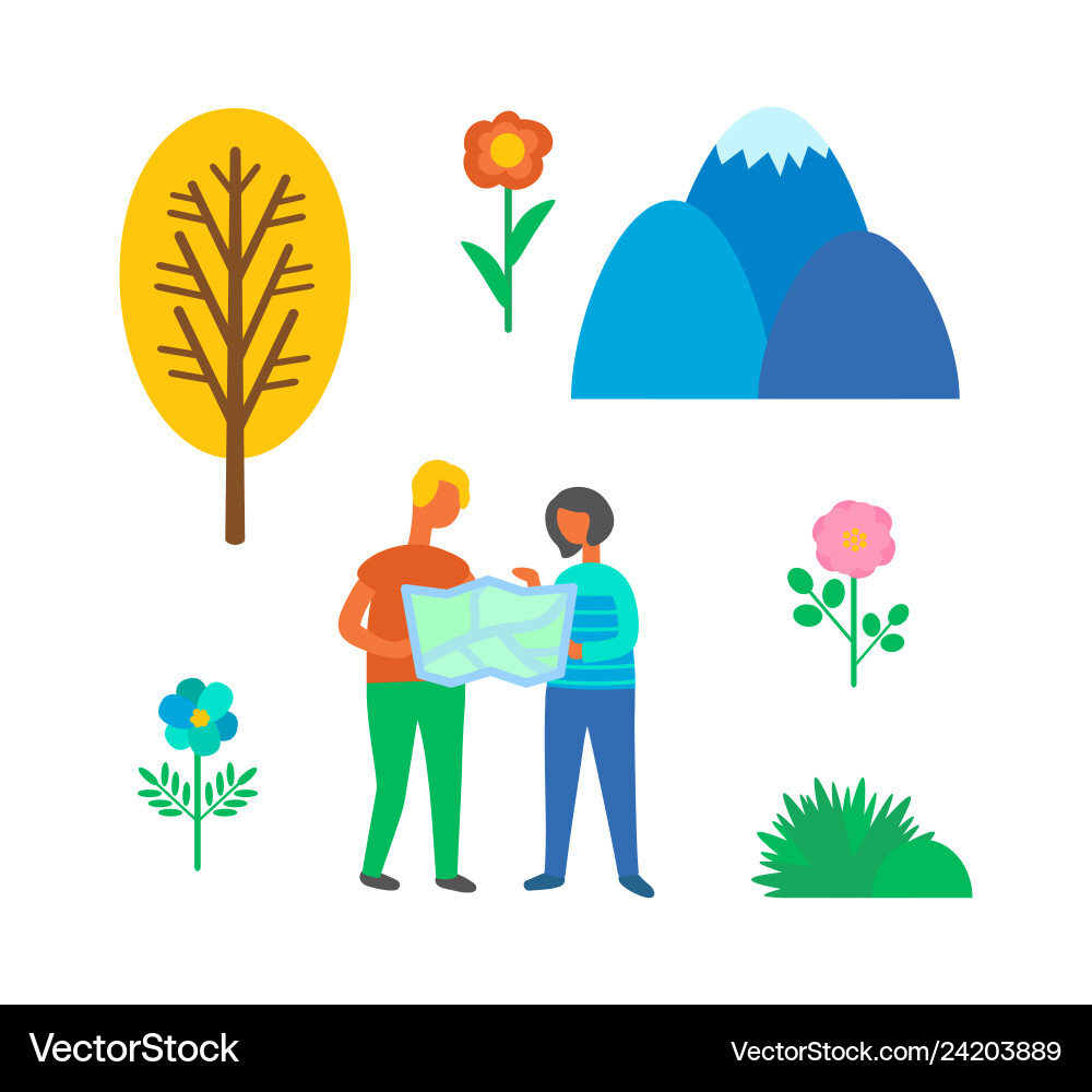 Camping couple using map to find way isolated Camping couple using map to find way isolated vector image