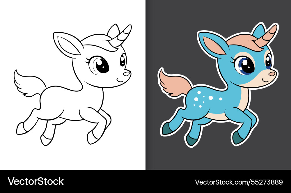 Deer unicorn character coloring page with sticker Vector Image