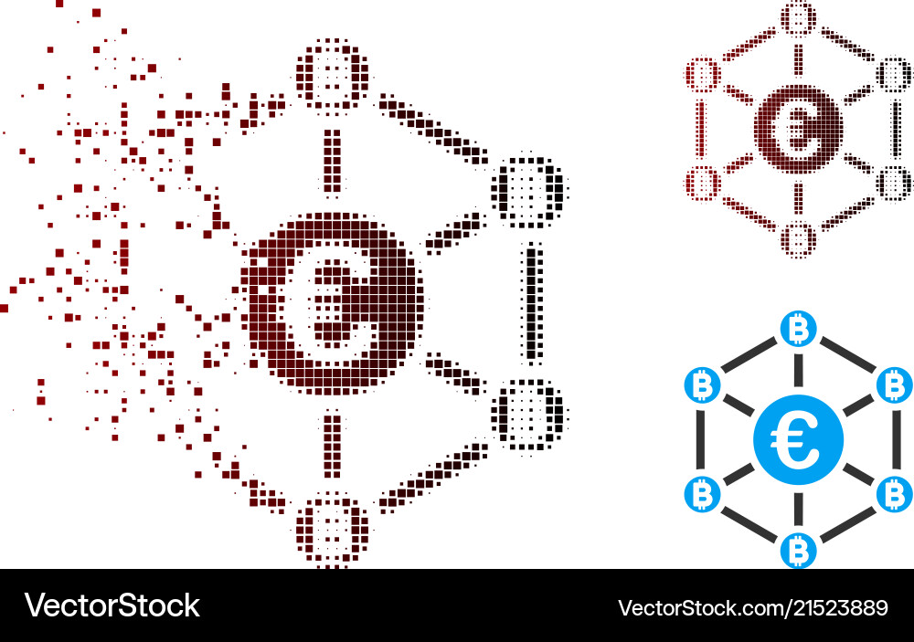 Destructed Pixel Halfton Euro Bitcoin Netzwerk Vektorbild