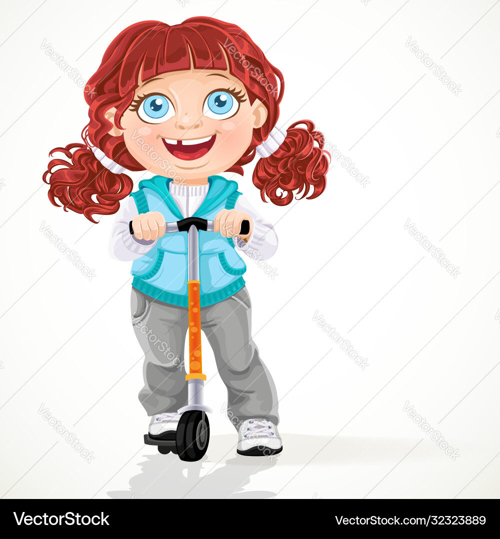 Kleines Mädchen mit Lockenhaarschwänze auf Roller Kleines Mädchen mit Lockenhaarschwänze auf Roller vektorbild