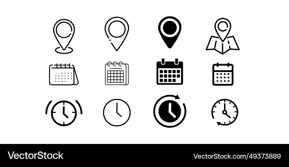 Time date and location icons in different shapes Time date and location icons in different shapes vector image