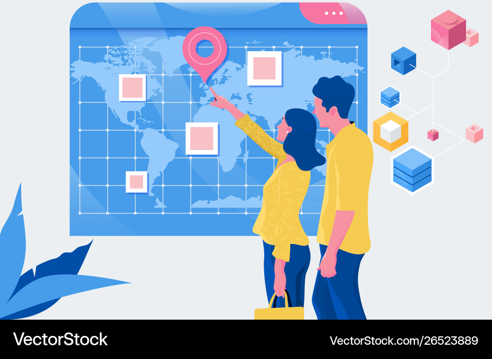 Tourists planning vacation with help world Tourists planning vacation with help world vector image