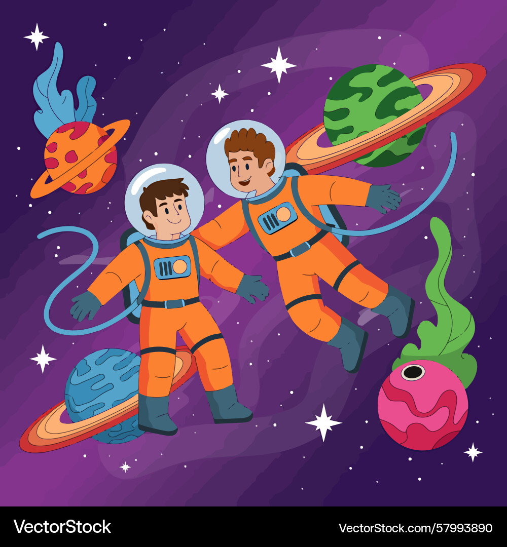 Astronauts in Space with Planets Vector Image