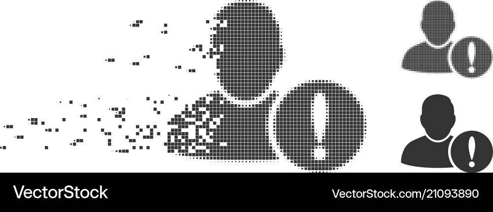 Decomposed pixel halftone user exclamation icon Decomposed pixel halftone user exclamation icon vector image