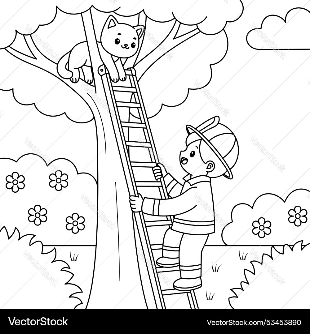 Firefighter saving a cat on tree outline Firefighter saving a cat on tree outline Vector Image