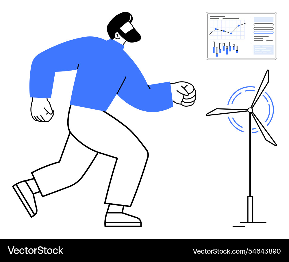 Man running towards wind turbine with data chart Man running towards wind turbine with data chart vector image