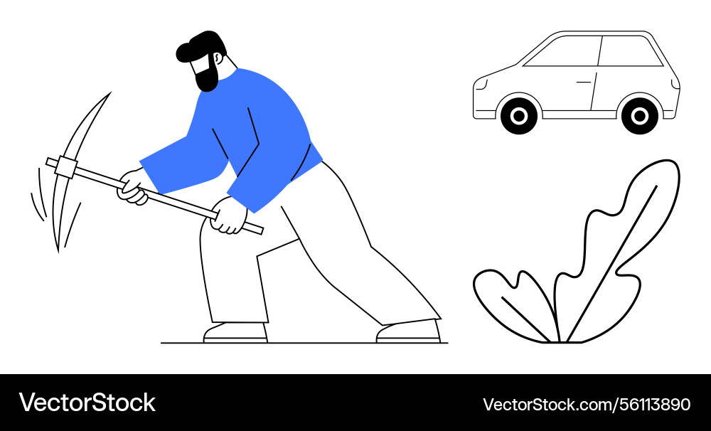 Man with pickaxe car and leaf element in flat Vector Image