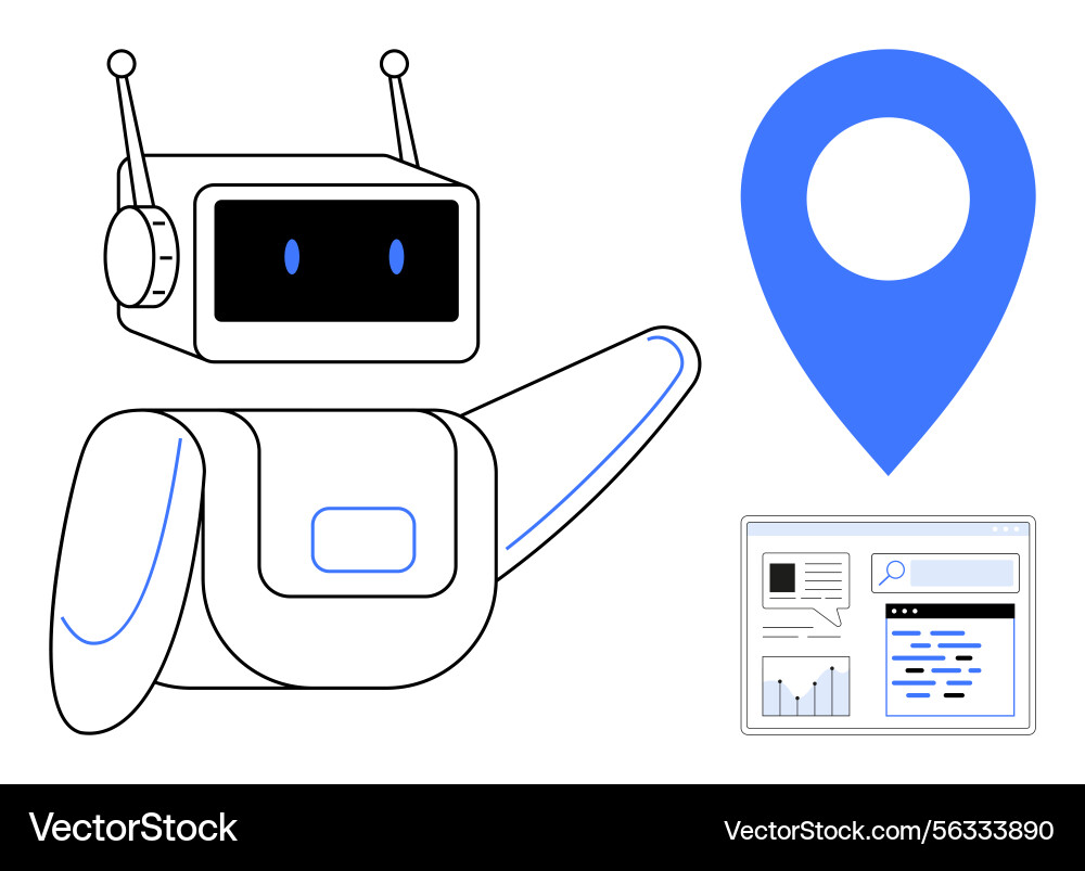 Robot with map pin and data interface highlighting Robot with map pin and data interface highlighting vector image