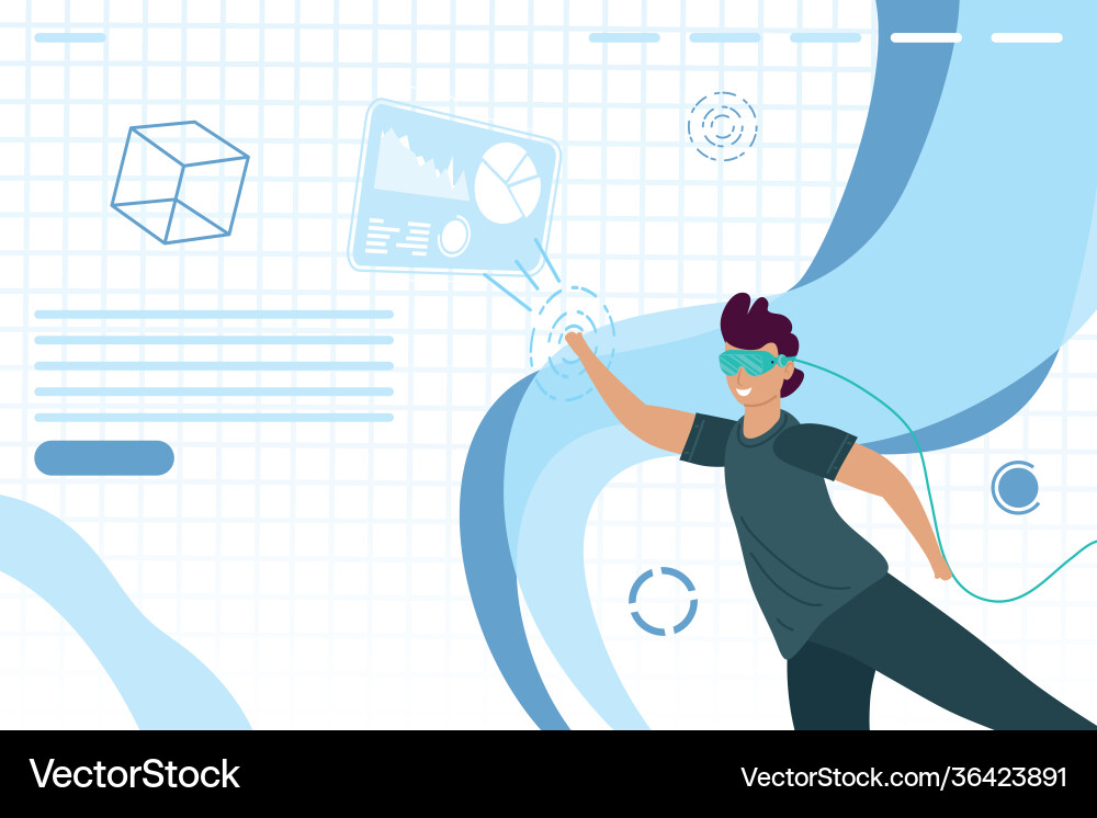 Man using virtual reality mask and cube Vector Image