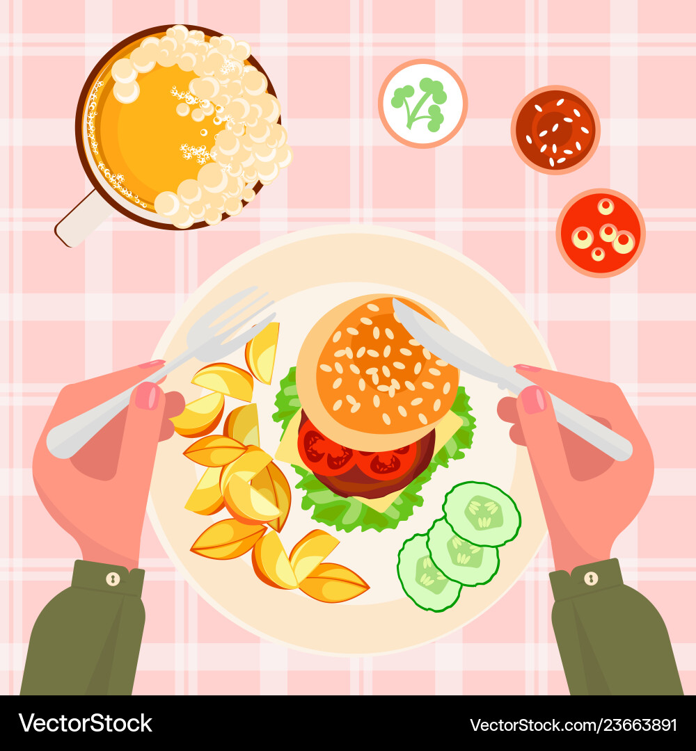 Top view burger french fries and beer Top view burger french fries and beer vector image
