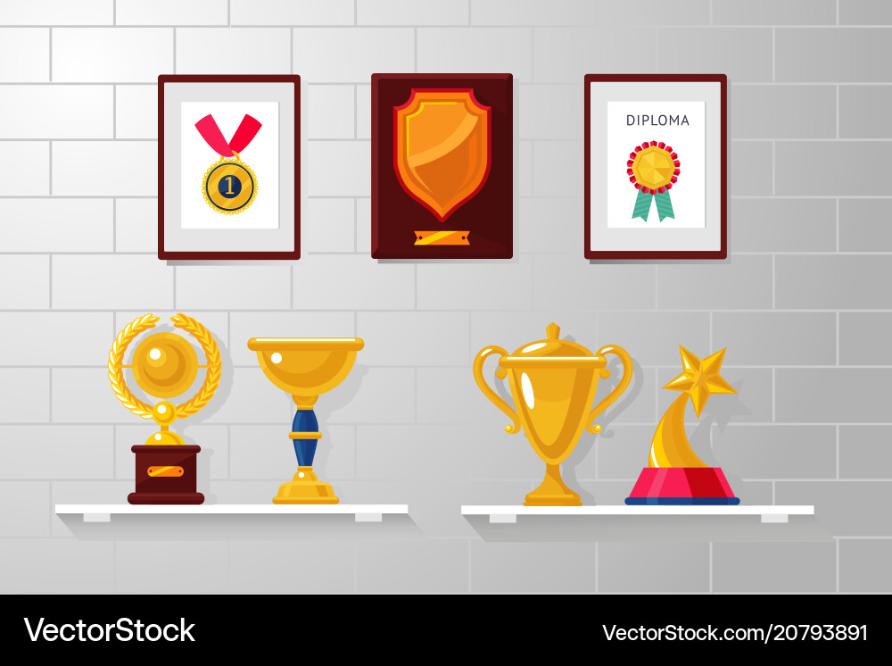 Trophy und Auszeichnungen Sammlung an einer weißen Wand Trophy und Auszeichnungen Sammlung an einer weißen Wand vektorbild