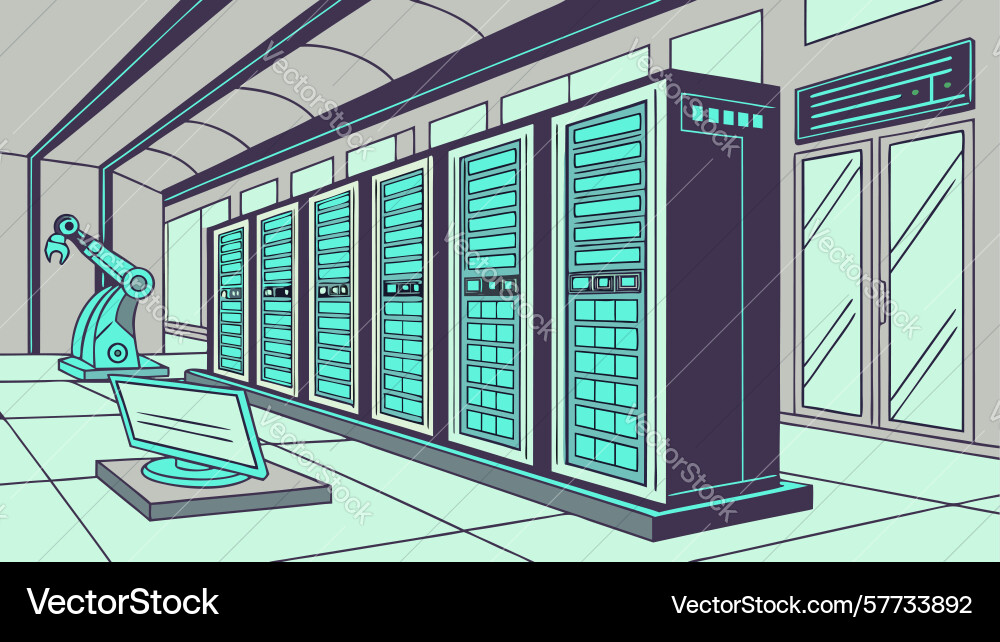 Futuristic data center with technicians art Vector Image
